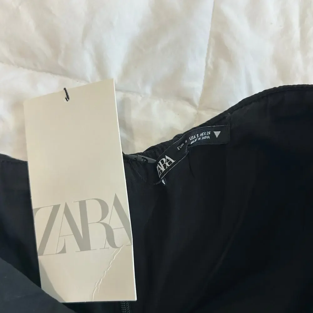 NWT Zara Strapless Black Mini Dress Raised Floral Detail Ruffle Hem Size Small - Picture 6 of 7